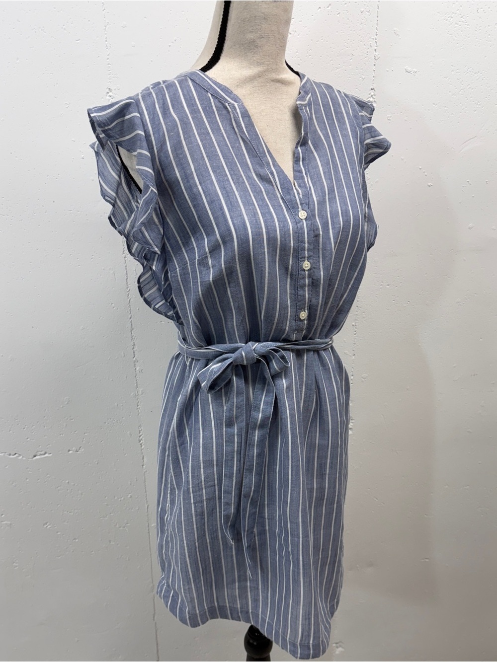 Striped Blue Tie-Waist Ruffled-Sleeve Dress